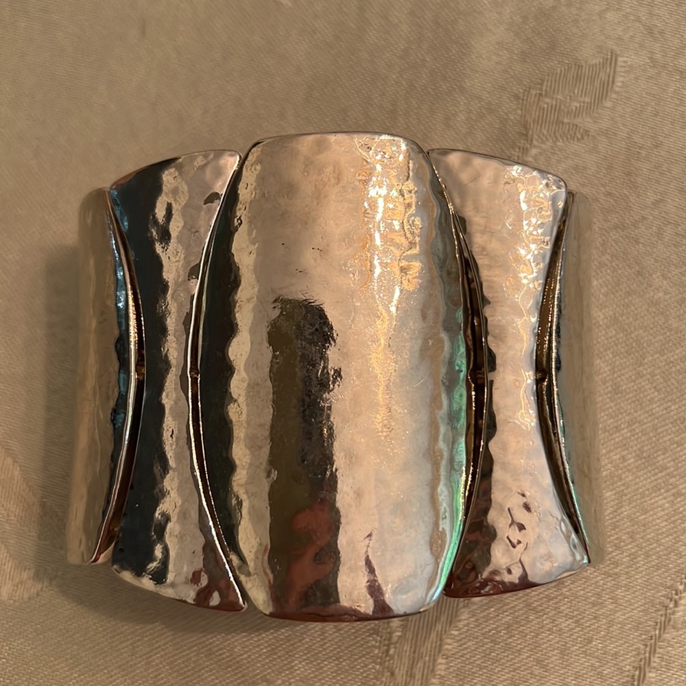 Chico’s Heavy Hammered Silvertone Bracelet One Size Stretches